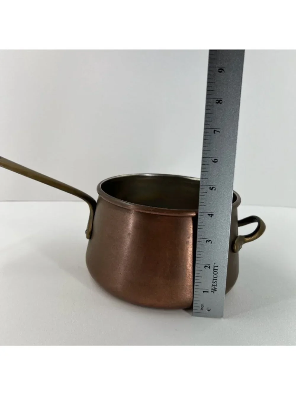 Vintage Solid Copper Saucepan Tin Lined Brass Long & Helper Handle Pot